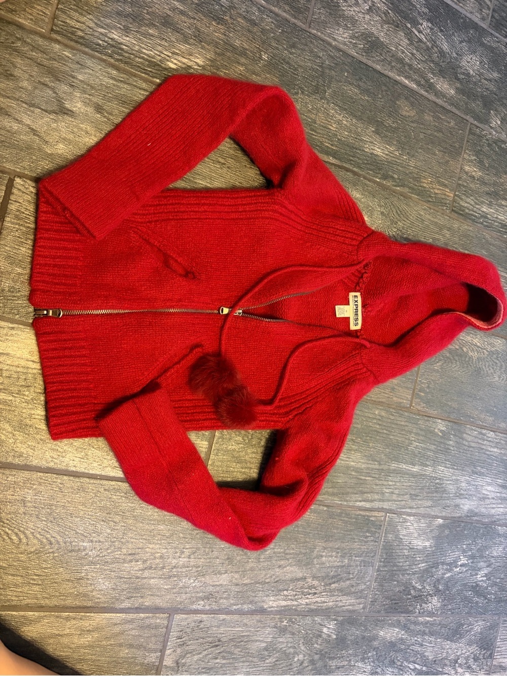 Express Red Hooded Zip Cardigan with Pom Drawstrings
